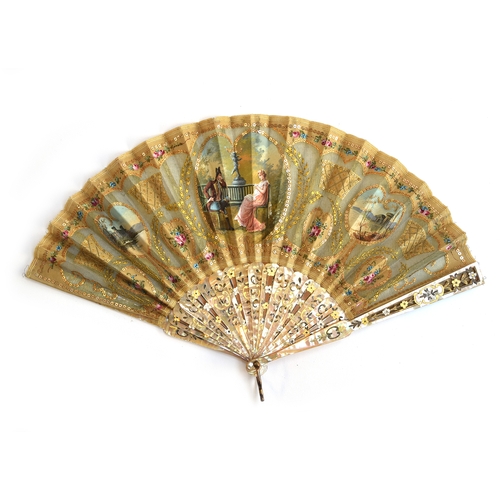 167 - A late 19th century fan with mother of pearl handle and pierced sticks, the lace with hand painted s... 