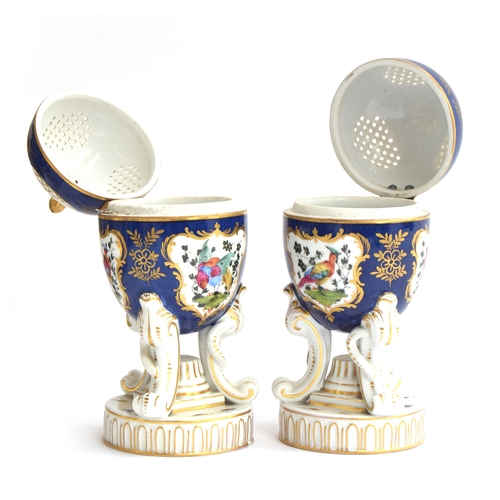 213 - A pair of 19th century Dresden style potpourris, hand painted with cartouches of fancy birds on a co... 