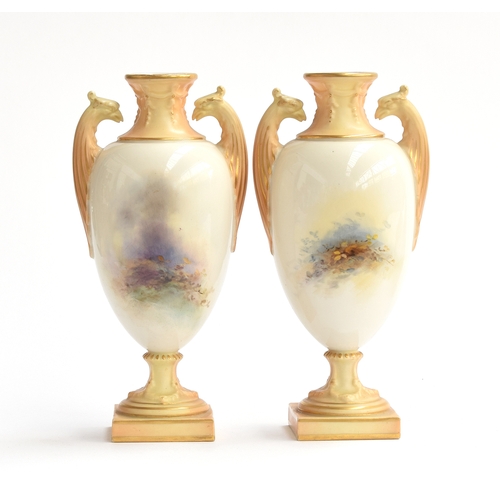 227 - A pair of Royal Worcester bottle vases, hand painted by E. Barker with a chaffinch and robin, number... 