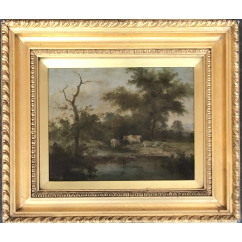 330 - Late 18th/early 19th century British, cattle and sheep in a pastoral landscape, oil on canvas, 17.5x... 