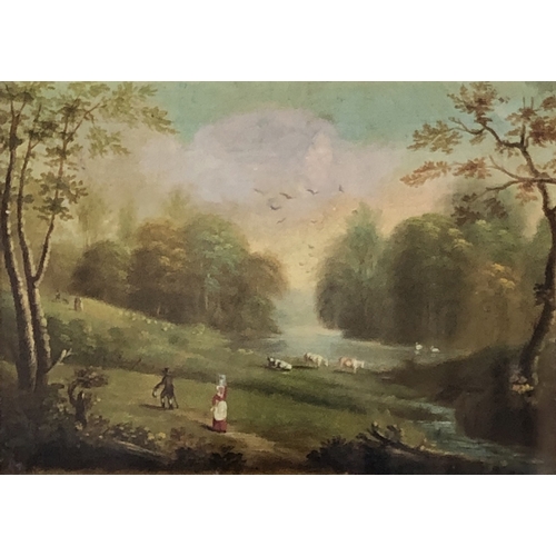 331 - Late 18th/early 19th century British, figures in a pastoral scene, oil on canvas, 21x29cm