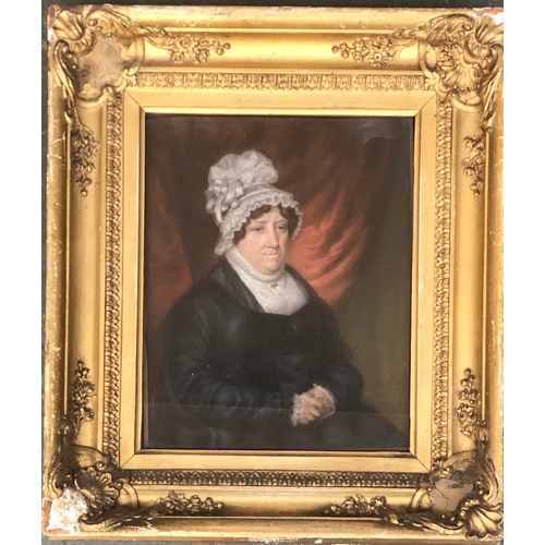 322 - Early 19th century English school, portrait of lady in a bonnet, watercolour on paper, 25x21cm