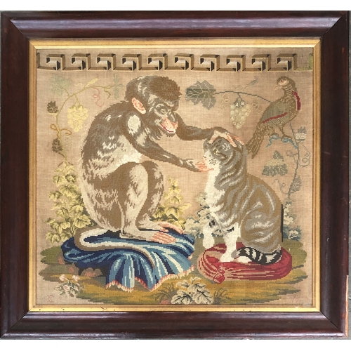 281 - A large 19th century needlework after Francis Barlow, monkey, cat and a bird, 61x66cm