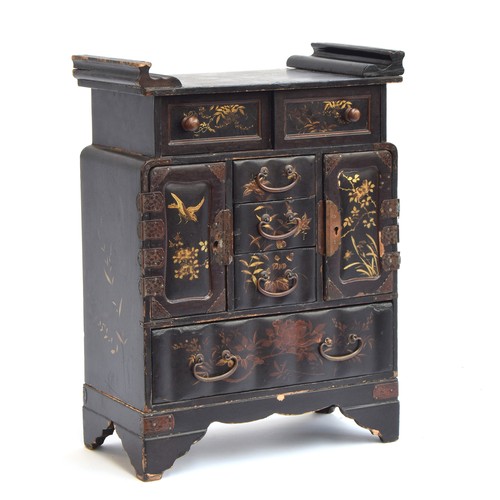 188 - A Japanese Meiji era lacquered kodansu table cabinet and stand, decorated with a sparrow amongst flo... 