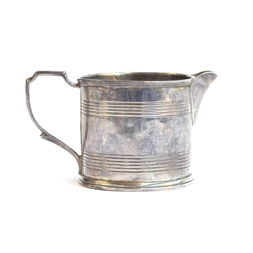 103 - A Georgian silver milk jug, marks rubbed, cylindrical banded body, 5.5cm high, 2.6ozt