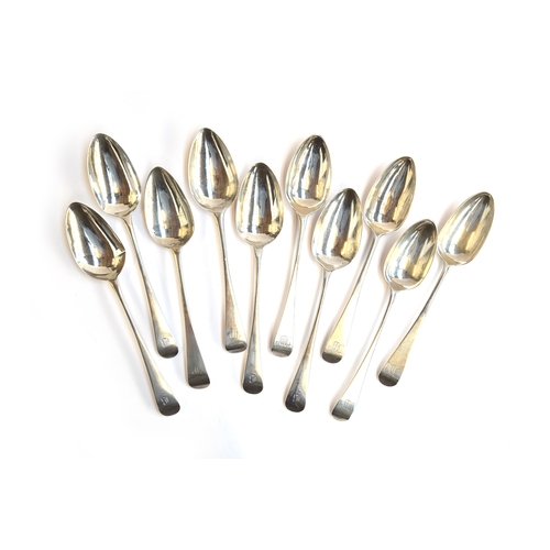 80 - Ten George III Old English pattern table spoons, six by William Bateman I (1815 and 1824), the termi... 