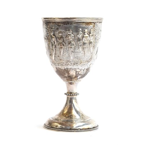 111 - A Victorian trophy cup by George Angell & Co, London 1862, chased with riflemen and a floral cartouc... 