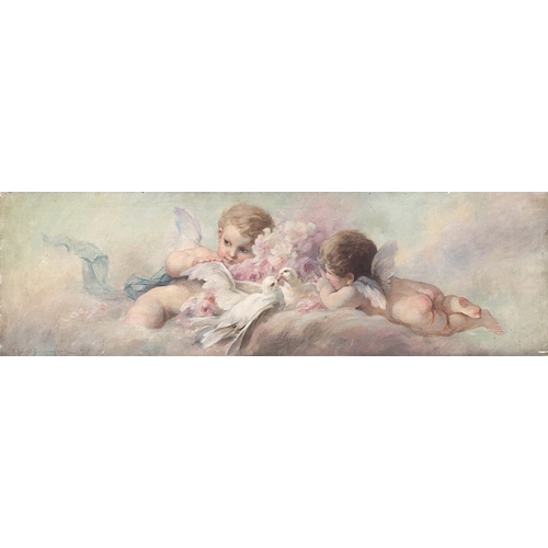 329 - Henri Alphonse Laurent-Desrousseaux (1862-1906), putti with doves and camellias, oil on canvas 32x10... 