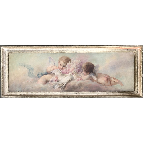 329 - Henri Alphonse Laurent-Desrousseaux (1862-1906), putti with doves and camellias, oil on canvas 32x10... 