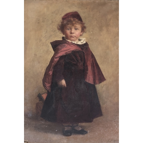 325 - Edward John Gregory RA (1850-1909), full length portrait of a young boy in a red cloak and hat, oil ... 