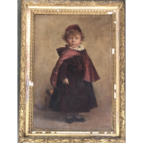 325 - Edward John Gregory RA (1850-1909), full length portrait of a young boy in a red cloak and hat, oil ... 