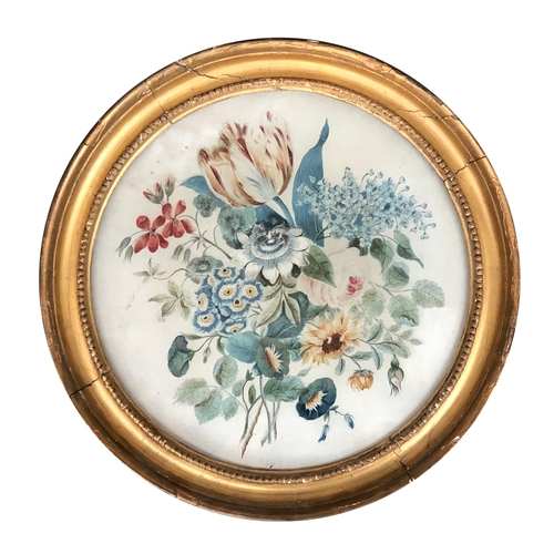 287 - A pair of 19th century floral study roundels, watercolour on paper, 34cm diameter, in circular gilt ... 