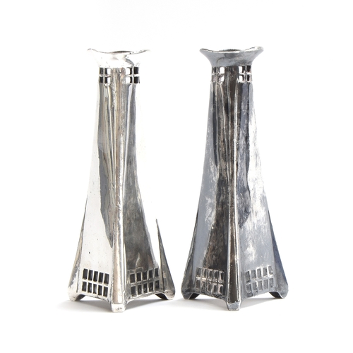 149 - Walter Scherf & Co by Osiris, a pair of early 20th century Jugendstil silver plated pewter vases, c.... 