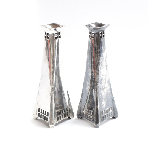 149 - Walter Scherf & Co by Osiris, a pair of early 20th century Jugendstil silver plated pewter vases, c.... 