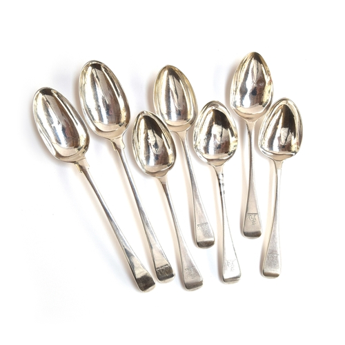 81 - A pair of 18th century silver tablespoons, marks rubbed; together with five Old English dessert spoo... 