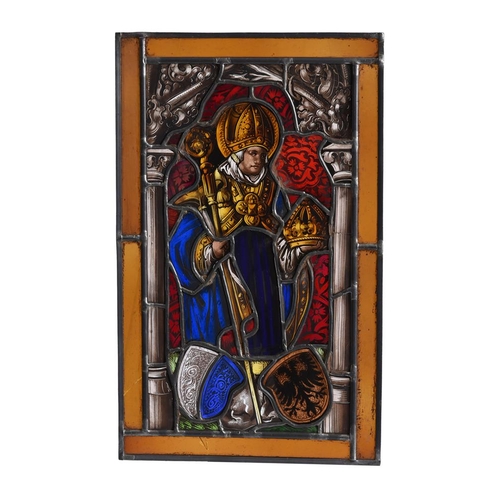 283 - A pair of German stained and leaded glass panels, 19th century, depicting donors in Medieval dress, ... 