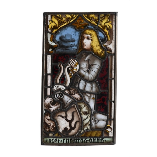 283 - A pair of German stained and leaded glass panels, 19th century, depicting donors in Medieval dress, ... 