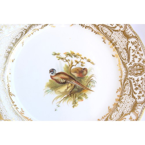 233 - A lot of thirteen hand painted dinner plates, each with a central hand painted scene of birds, borde... 