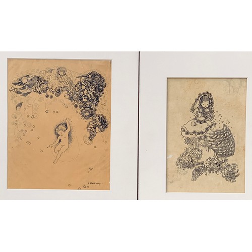 307 - Katie Blackmore RBA ASWA (British, 1890-1957), two pen and ink fantasy illustrations on buff paper, ... 