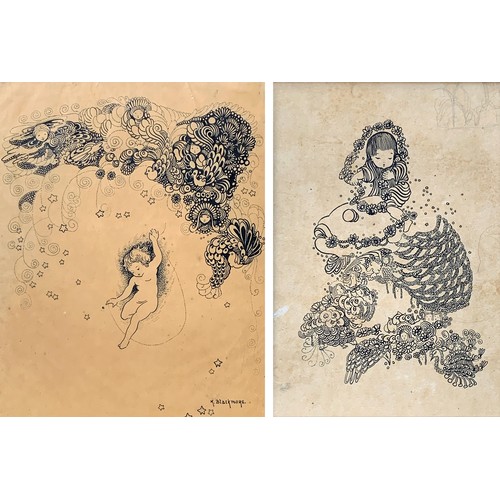 307 - Katie Blackmore RBA ASWA (British, 1890-1957), two pen and ink fantasy illustrations on buff paper, ... 