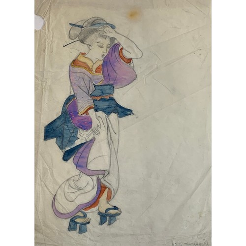 308 - Katie Blackmore RBA ASWA (1890-1957), a portfolio of work to include a mounted pencil and watercolou... 