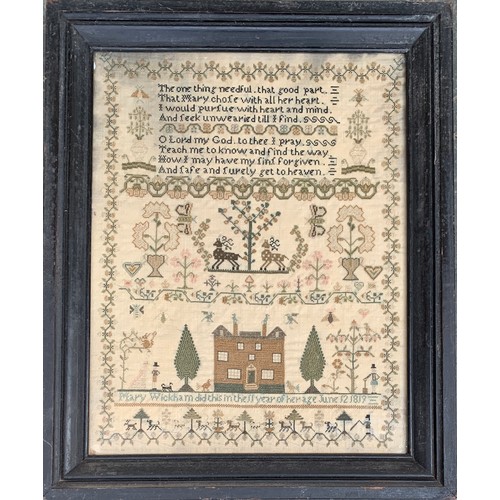 280 - A George III needlework verse sampler by Mary Wickham, aged 11, dated 1819, the verse reading 'The o... 