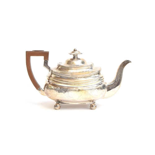 96 - A George III silver teapot by William Welch II, Exeter 1814, of banded rectangular form with harp ha... 