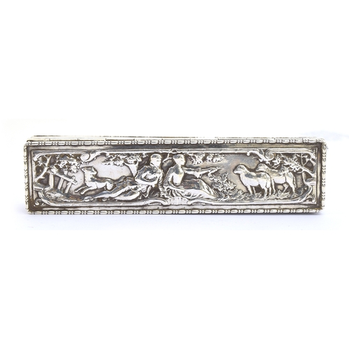 132 - A Continental silver box, chased with pastoral scene, bears London import mark c.1910, 10.6cm long