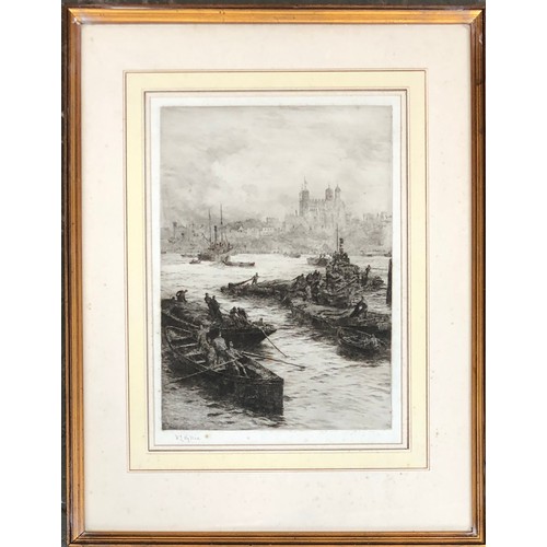 303 - William Lionel Wyllie (British, 1851-1931), The Tower of London from the Thames, drypoint etching, s... 