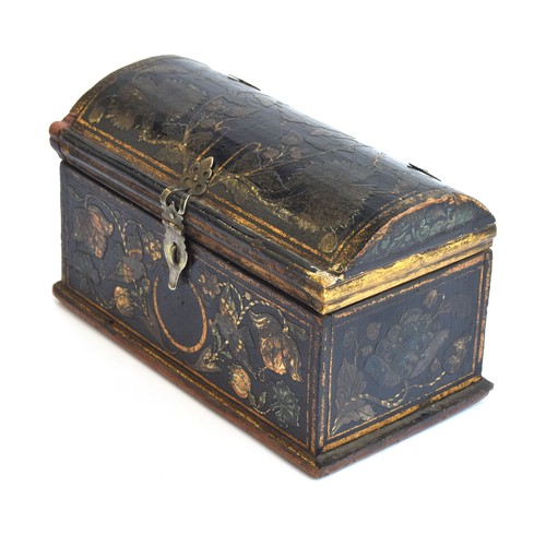 183 - A domed wood and decoupage polychrome and parcel gilt casket, silver strap hinges and clasp, with ra... 