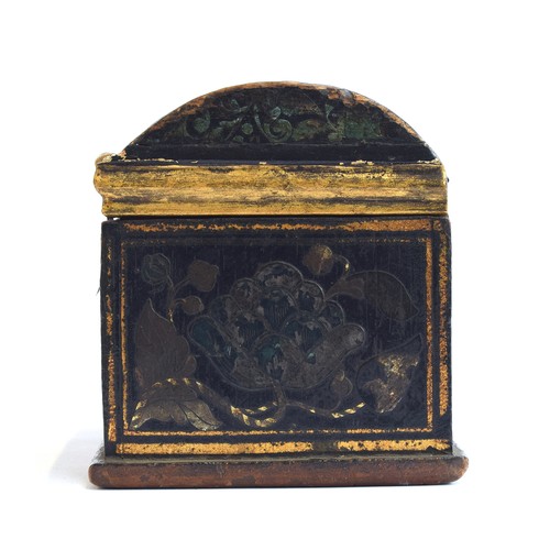 183 - A domed wood and decoupage polychrome and parcel gilt casket, silver strap hinges and clasp, with ra... 