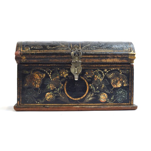 183 - A domed wood and decoupage polychrome and parcel gilt casket, silver strap hinges and clasp, with ra... 