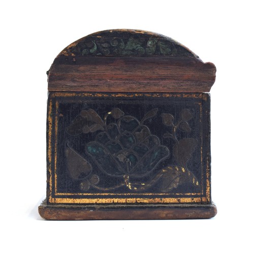 183 - A domed wood and decoupage polychrome and parcel gilt casket, silver strap hinges and clasp, with ra... 