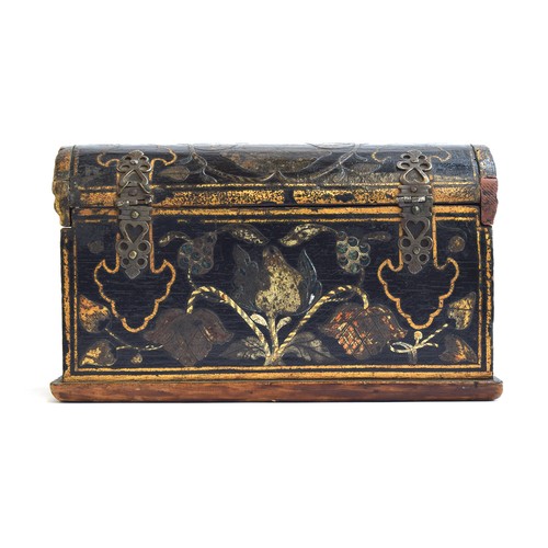 183 - A domed wood and decoupage polychrome and parcel gilt casket, silver strap hinges and clasp, with ra... 