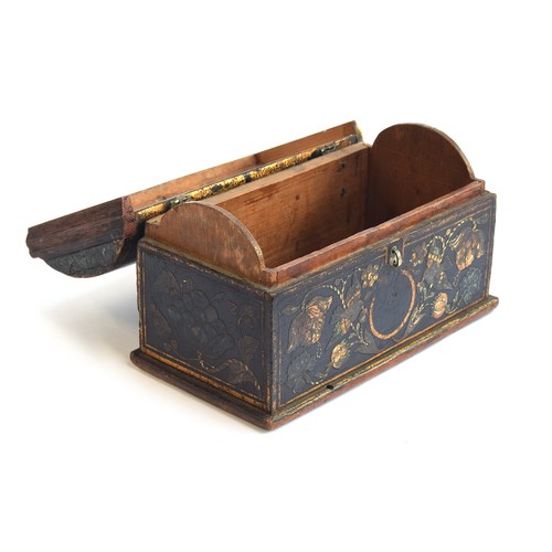 183 - A domed wood and decoupage polychrome and parcel gilt casket, silver strap hinges and clasp, with ra... 