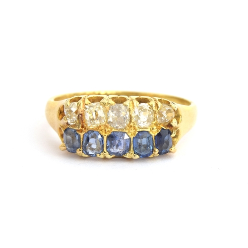 33 - A late Victorian 18ct gold sapphire and old cut diamond two row ring, approx. 0.6ct of diamonds and ... 