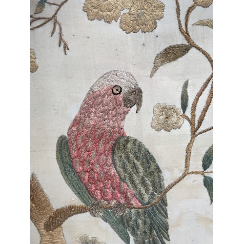 285 - A Georgian silk picture of a parrot perched on a branch, in a gilt gesso frame, 38x34cm