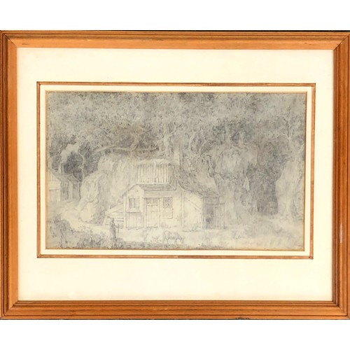 310 - Possibly George Morland, pencil on paper study of a cottage among trees, monogrammed 'GM' on the chi... 