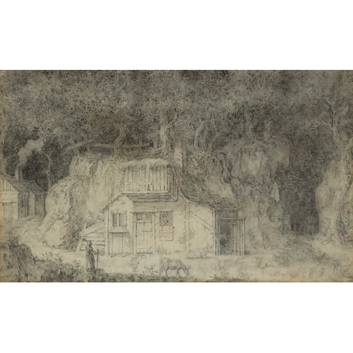 310 - Possibly George Morland, pencil on paper study of a cottage among trees, monogrammed 'GM' on the chi... 