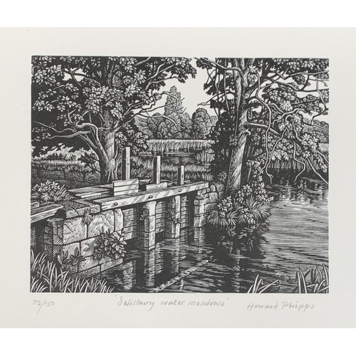 305 - Howard Phipps RWA, SWE (b. 1954), 'Salisbury Water Meadows', wood block print, signed in pencil and ... 