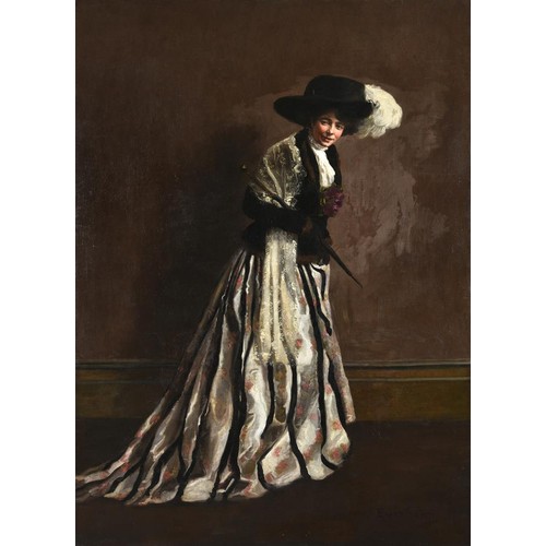 326A - Edith Gunther (1887-1971), oil on canvas, portrait of a woman wearing a black hat with large white f... 