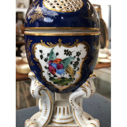 213 - A pair of 19th century Dresden style potpourris, hand painted with cartouches of fancy birds on a co... 