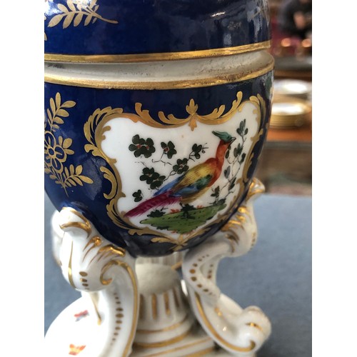 213 - A pair of 19th century Dresden style potpourris, hand painted with cartouches of fancy birds on a co... 