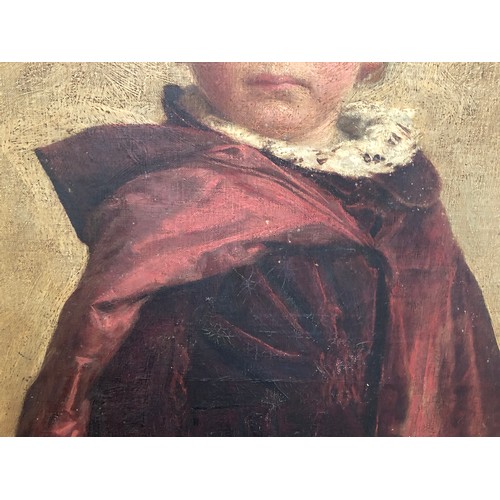 325 - Edward John Gregory RA (1850-1909), full length portrait of a young boy in a red cloak and hat, oil ... 