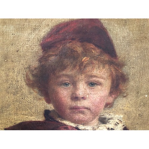 325 - Edward John Gregory RA (1850-1909), full length portrait of a young boy in a red cloak and hat, oil ... 