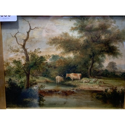 330 - Late 18th/early 19th century British, cattle and sheep in a pastoral landscape, oil on canvas, 17.5x... 