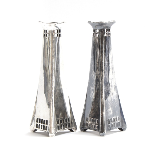 42 - Walter Scherf & Co by Osiris, a pair of early 20th century Jugendstil silver plated pewter vases, c.... 