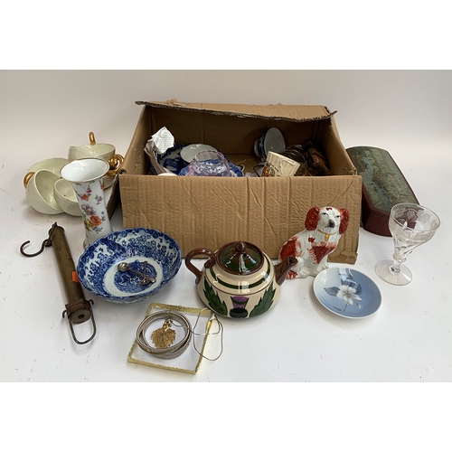 119 - A mixed lot of ceramics and other items to include Torquay pottery teapot with thistle; blue and whi... 