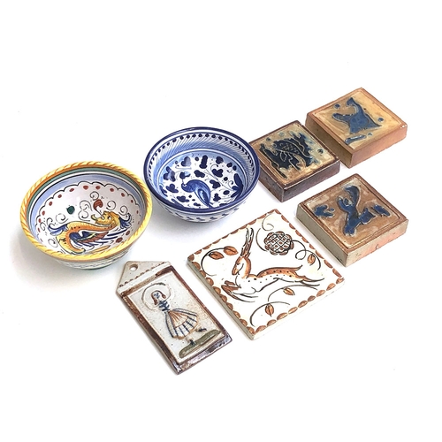 78 - A mixed lot to include three Guerin Tiles, Gazelle Tile, Dancer plaque, two majolica bowls