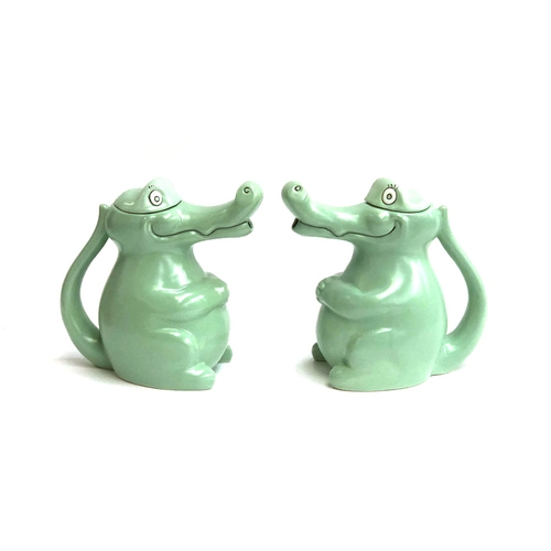 81 - A pair of vintage Carlton Ware green novelty teapots in the  shape of an alligator/crocodile